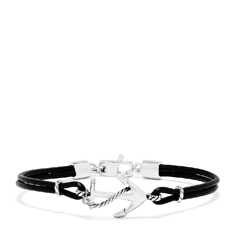 bracelets and bangles for prom -Men's Sterling Silver and Leather Anchor Bracelet