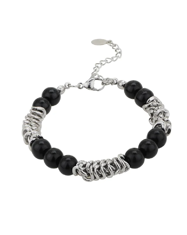 bracelets and bangles trendy 2025 -Silver Plate with Black Bead Fancy Bracelet for men