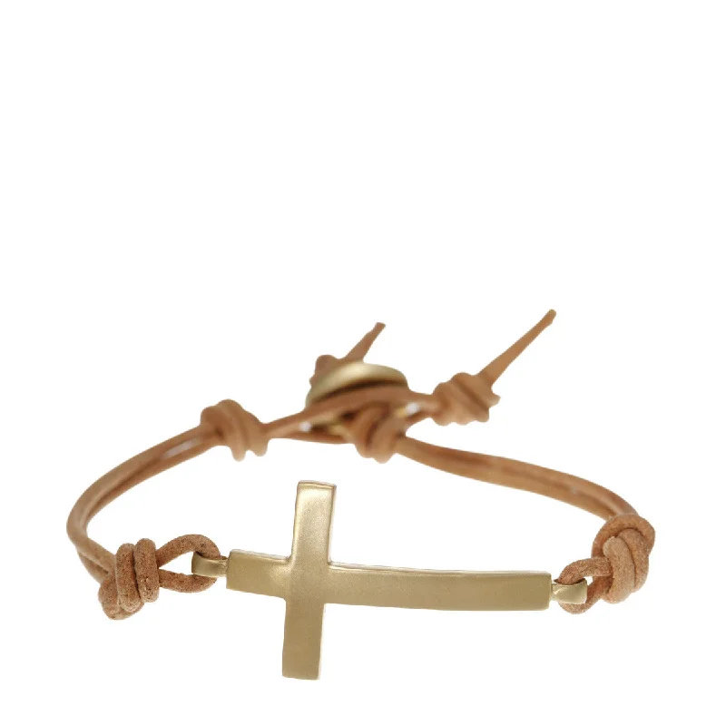 bracelets and bangles promise gift -Men's 10K Gold Cross Bracelet on Natural Leather