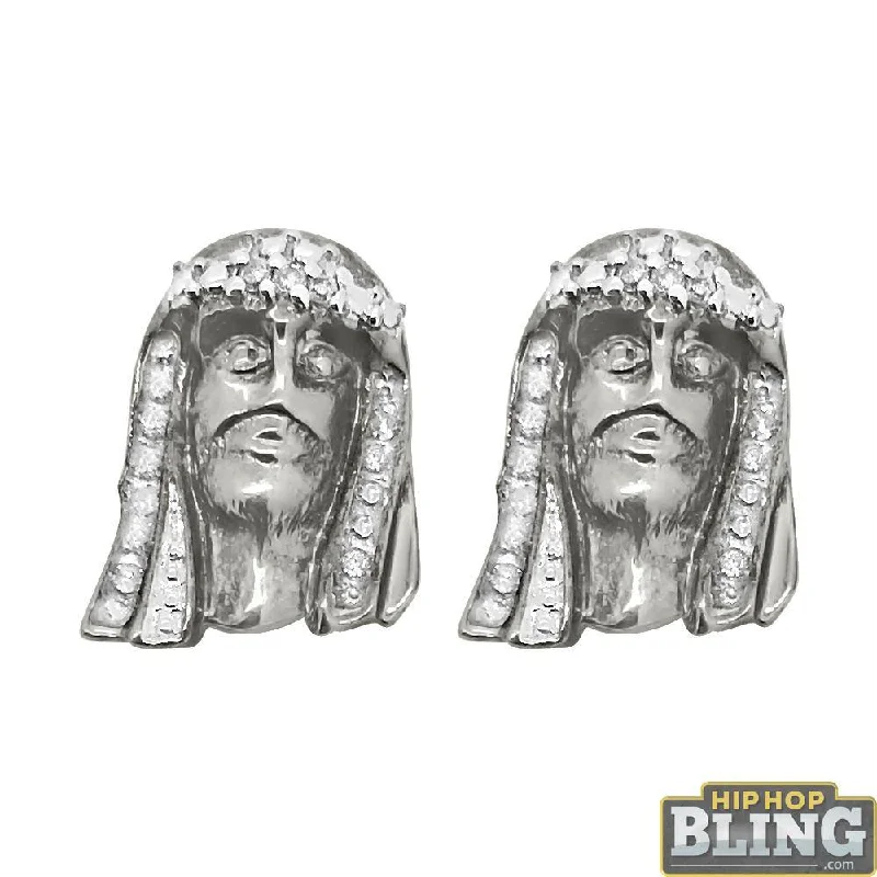 ladies earrings for special occasion -Diamond Jesus Piece Earrings .925 Sterling Silver