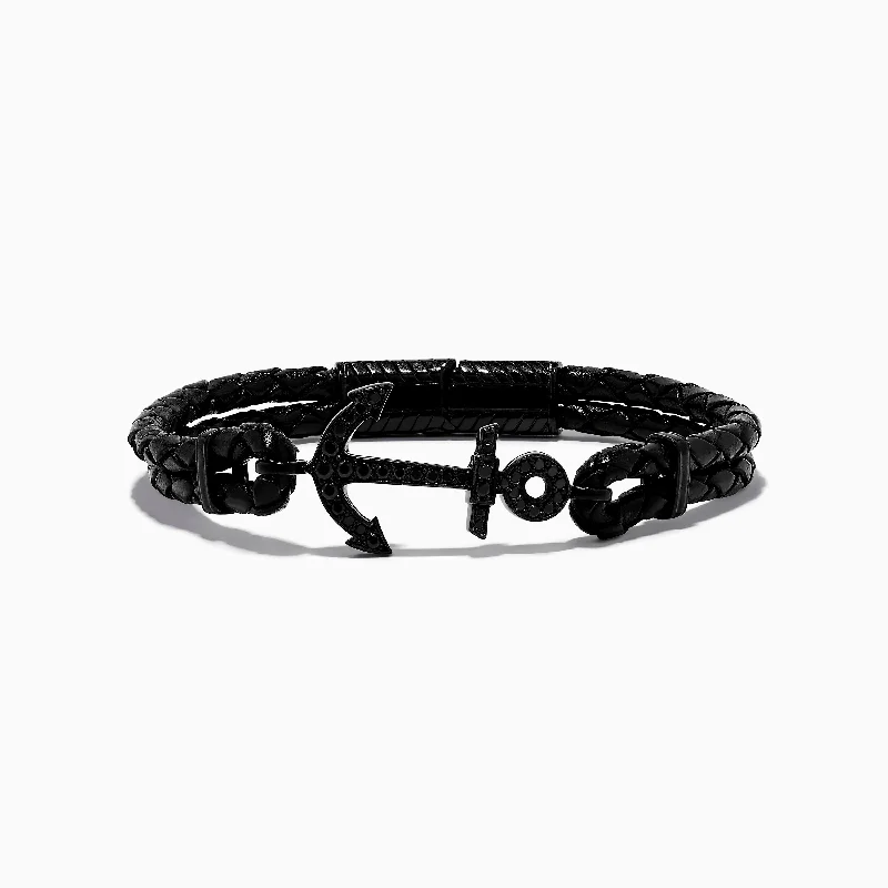 bracelets and bangles with peridot -Men's 925 Sterling Silver Black Spinel Anchor Leather Bracelet