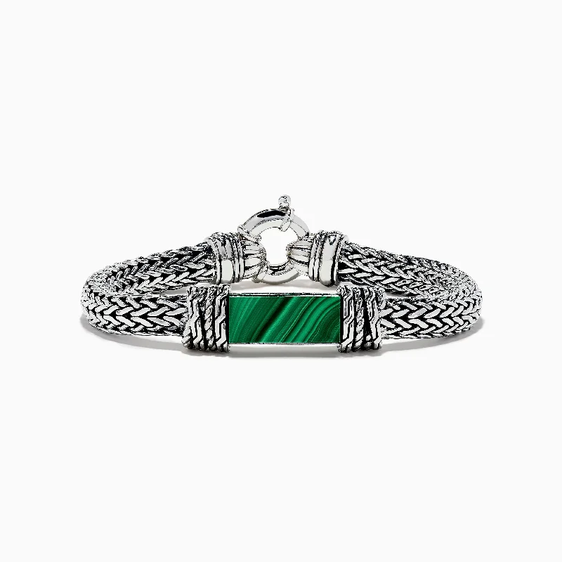 bracelets and bangles for young women -Men's 925 Sterling Silver Braided Chain Malachite Bracelet 10.20 TCW