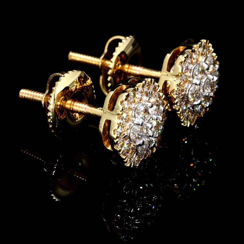 ladies earrings with pink sapphire -Flower Hex Halo Diamond Earrings Solid 14K Gold