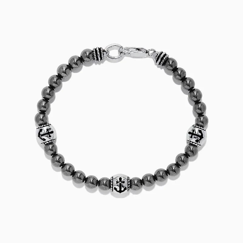 bracelets and bangles with arrow charm -Men's Sterling Silver Beaded Hematite Anchor Bracelet, 71.43 TCW