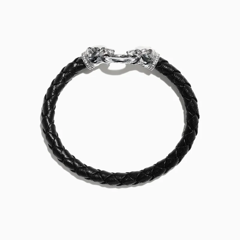 bracelets and bangles with gold plating -Men's Sterling Silver and Leather Diamond Accented Panther Bracelet 0.16 TCW