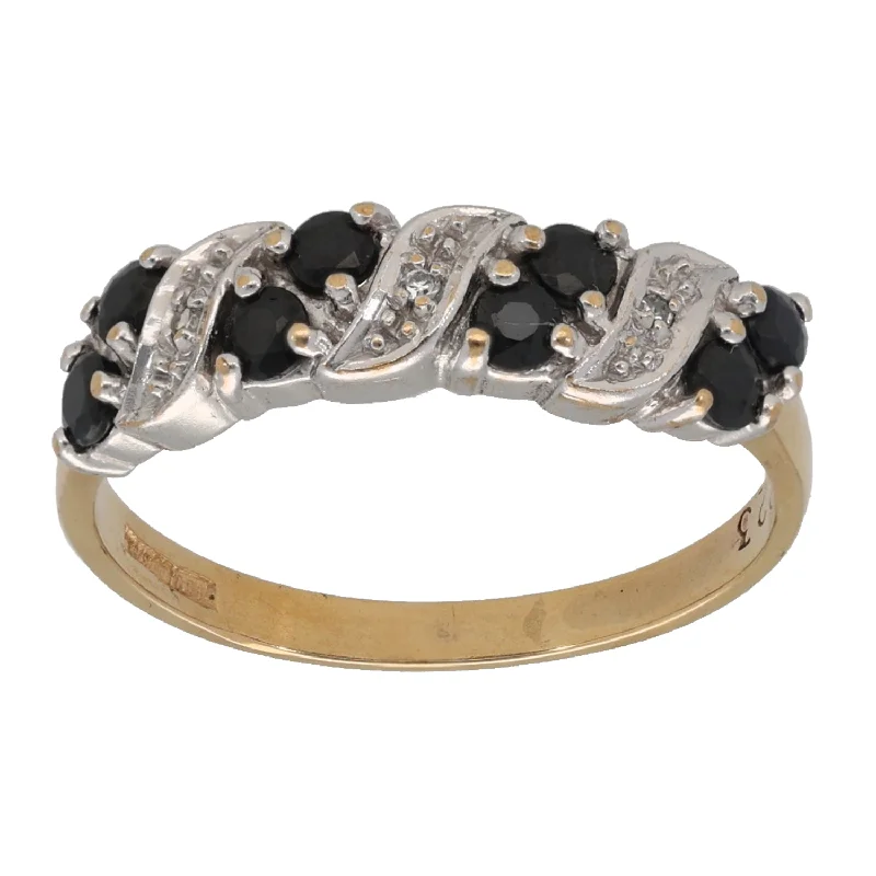 ladies engagement rings bezel setting -9ct Gold Sapphire & 0.015ct Diamond Half Eternity Ring Size O