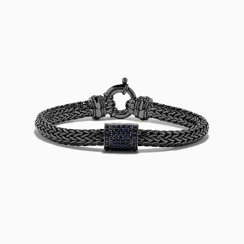 bracelets and bangles for women -Men's Sterling Silver Black Rhodium Braided Chain Blue Sapphire Bracelet 1.40 TCW