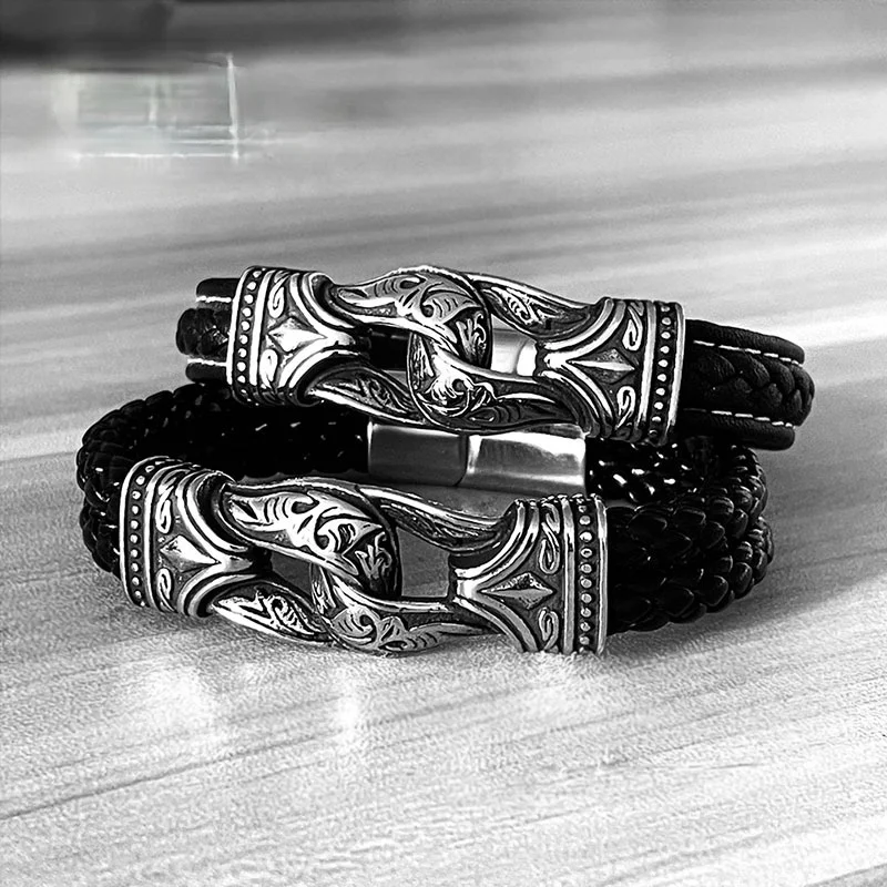 bracelets and bangles for party -Men's Punk Carved Leather Black Bracelet