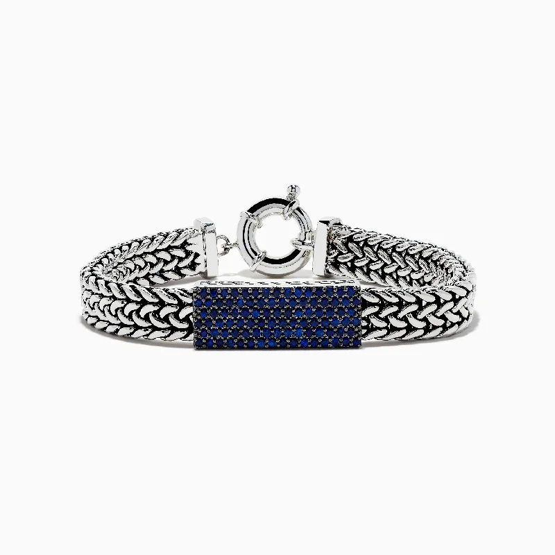 bracelets and bangles affordable luxury -Men's 925 Sterling Silver Braided Chain Link Blue Sapphire Bracelet 2.60 TCW