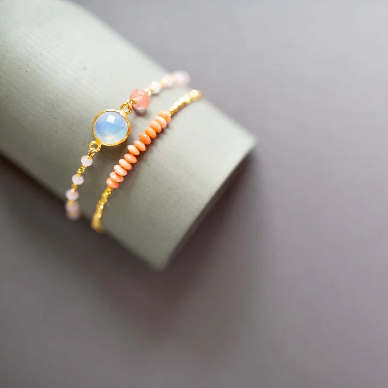 bracelets and bangles fashion statement -Bracelet Stacking Set: Opal Quartz & Pink Coral Stones