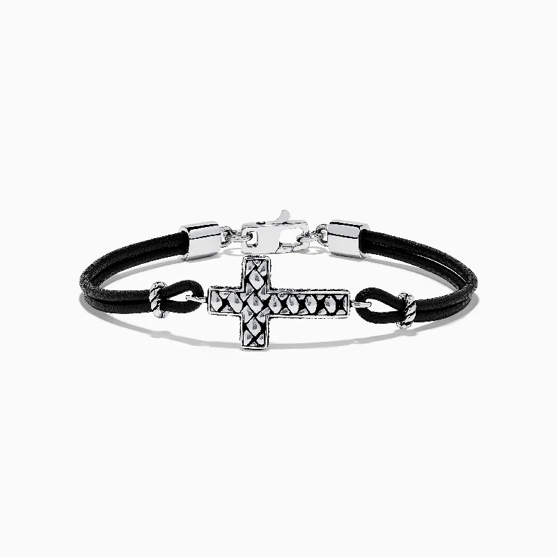 bracelets and bangles dainty design -Men's 925 Sterling Silver and Leather Cross Bracelet