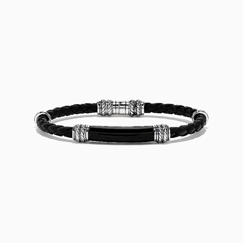 bracelets and bangles for beach wear -Men's Sterling Silver and Leather Onyx Bracelet, 13.00