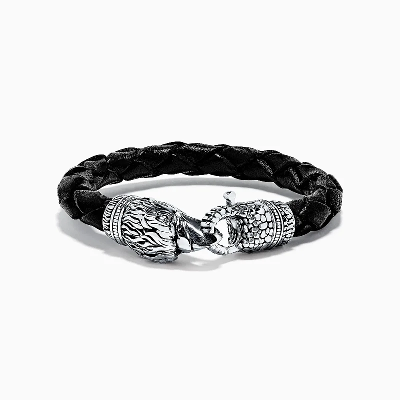 bracelets and bangles with birthstone -Men's Sterling Silver Leather Eagle Bracelet