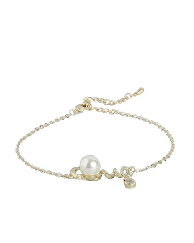 bracelets and bangles for evening wear -Gold Plated With Pearl And Texture Adjustable Charm Bracelet For Women