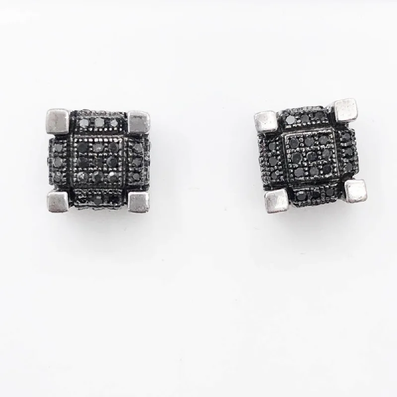 ladies earrings with black onyx -Black 3D Cube Diamond .28cttw Earrings .925 Sterling Silver