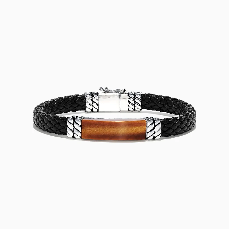 bracelets and bangles minimalist style -Men's Sterling Silver Leather Tiger's Eye Bracelet, 12.00 TCW