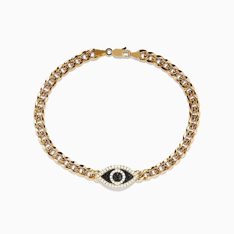 bracelets and bangles heart charm -Men's 14K Yellow Gold Black and White Diamond Evil Eye Chain Bracelet 8.75"