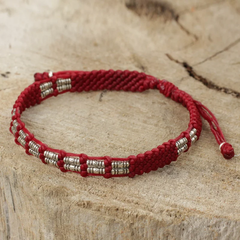 bracelets and bangles for brides -Affinity in Red Thai Braided Red Cord Bracelet with 950 Silver Beads