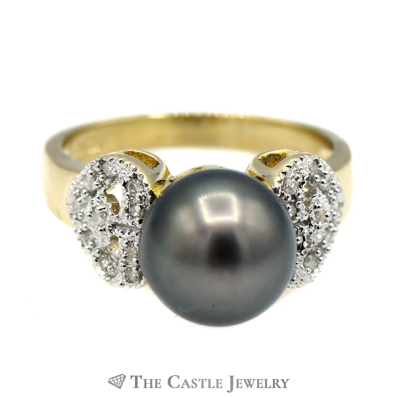 Simple women's rings for minimalist style-Black Pearl Ring with Diamond Encrusted Heart Sides