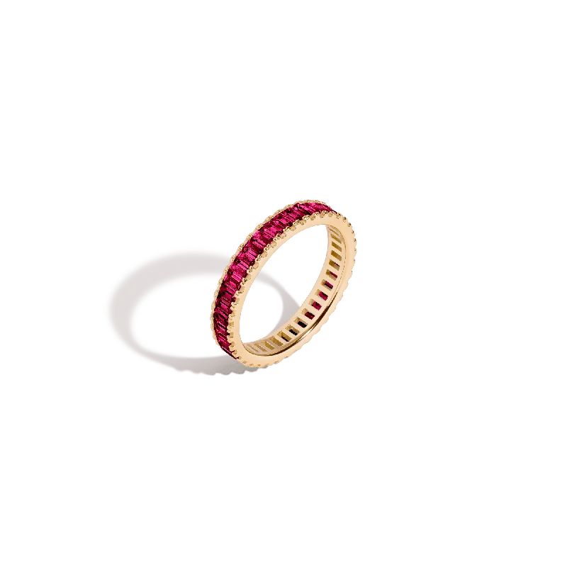 Women's gold rings for everyday elegance-Lab Grown Red Ruby Baguette Eternity Ring