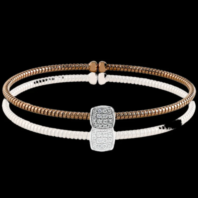 bracelets and bangles for brides -The charming open design of this modern rose gold bangle bracelet is accentuated by .16 ctw glimmering round cut white diamonds. Perfect for stacking.