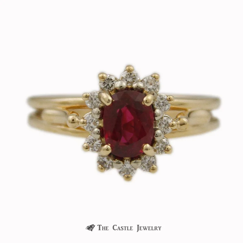 Women's gold rings for everyday elegance-Oval Cut Ruby Ring with .25cttw Round Brilliant Cut Diamond Bezel & Cathedral Mounting