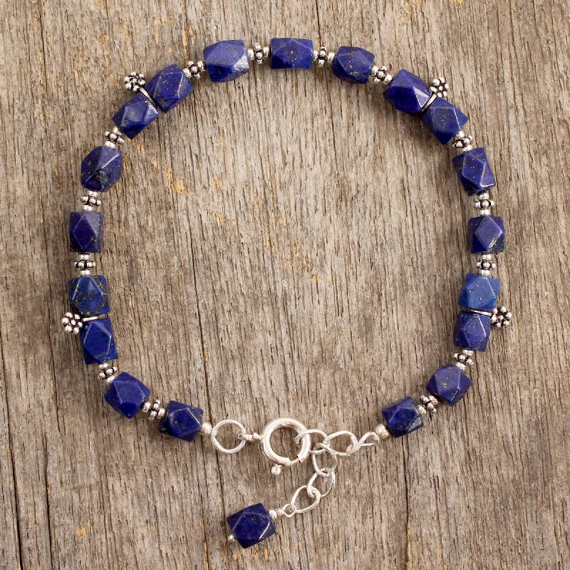 bracelets and bangles for women -Blossoming Ecstacy Lapis Lazuli & Silver Beaded Bracelet