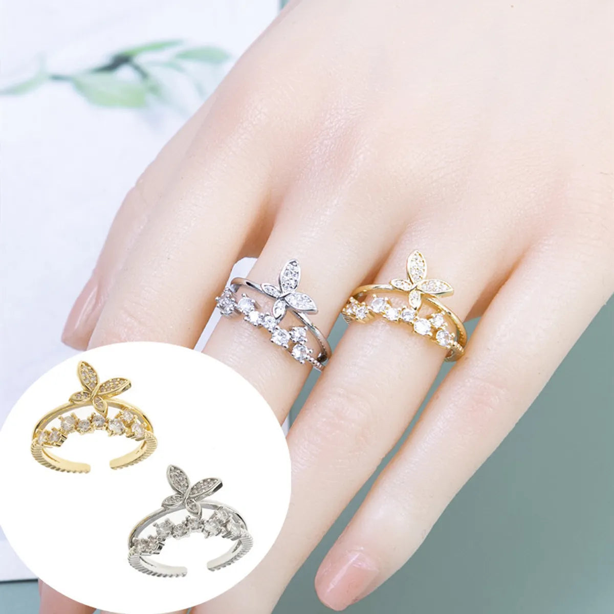 Women's rings for daily glam-Simple Style Butterfly Copper Plating Inlay Zircon Open Rings