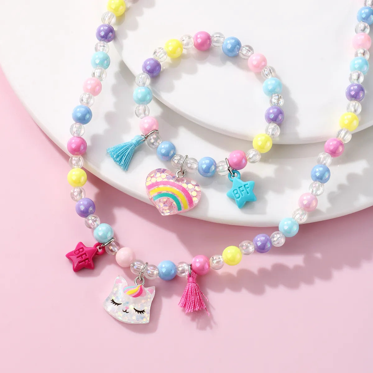 bracelets and bangles with ruby -Cartoon Style Cute Sweet Rainbow Heart Shape Cat Beaded Resin Beaded Girl'S Bracelets Necklace