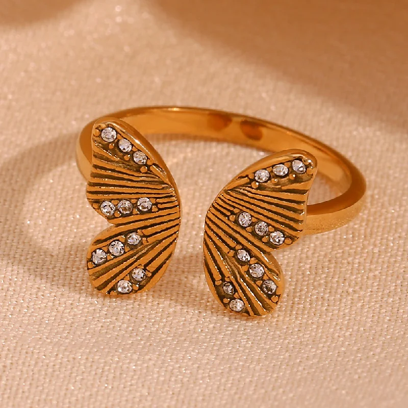 Women's rings with art deco design-Basic Simple Style Classic Style Butterfly Stainless Steel Plating Inlay Zircon 18k Gold Plated Open Rings