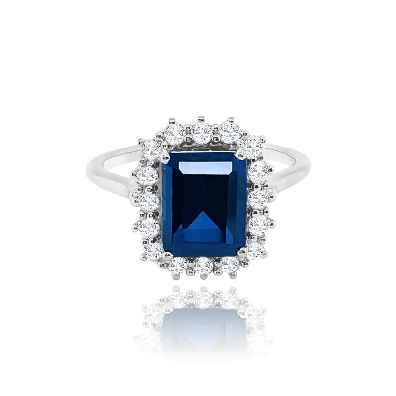 Women's engagement rings with halo setting-Classic  Diamonds & Emerald Cut Sapphire "Iris" Ring