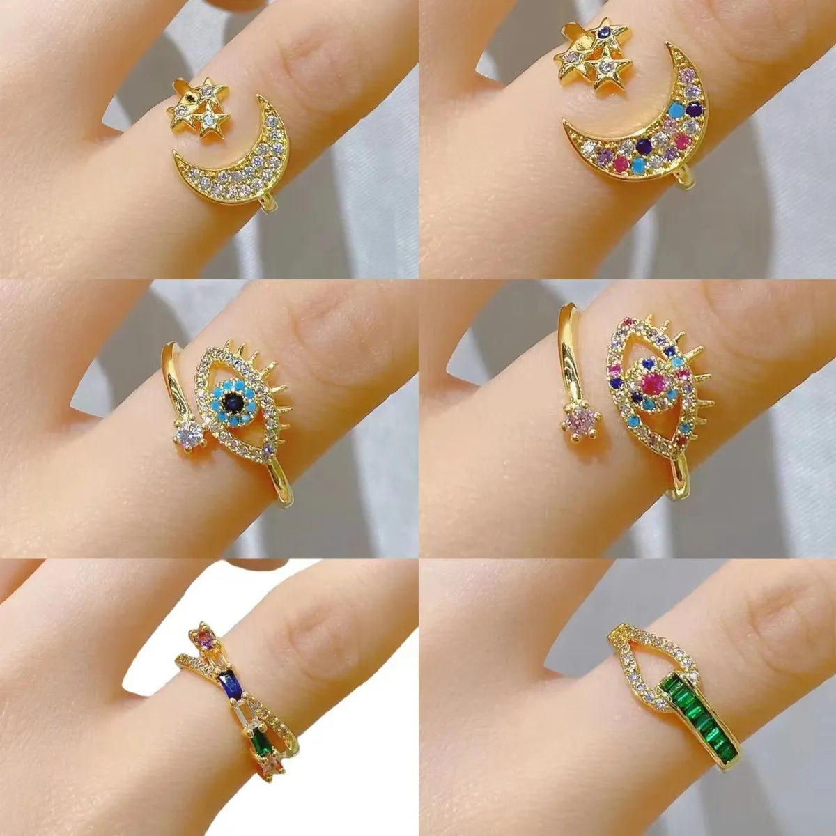 Women's rings with opal accents-Streetwear Star Moon Eye Copper Zircon Open Ring In Bulk