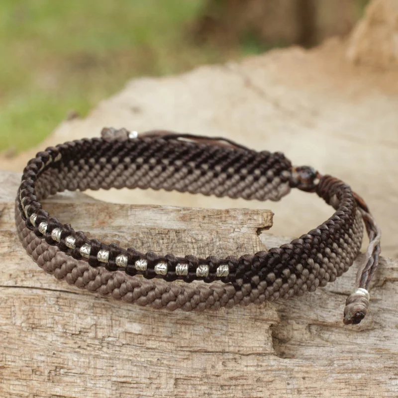 bracelets and bangles simple design -Amity in Brown and Taupe Hand-Knotted Cord Bracelet with 950 Silver Accents