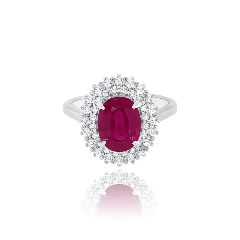 Handmade women's rings for originality-Double Halo Classic Set Diamonds Oval cut Ruby " Daisy " Ring