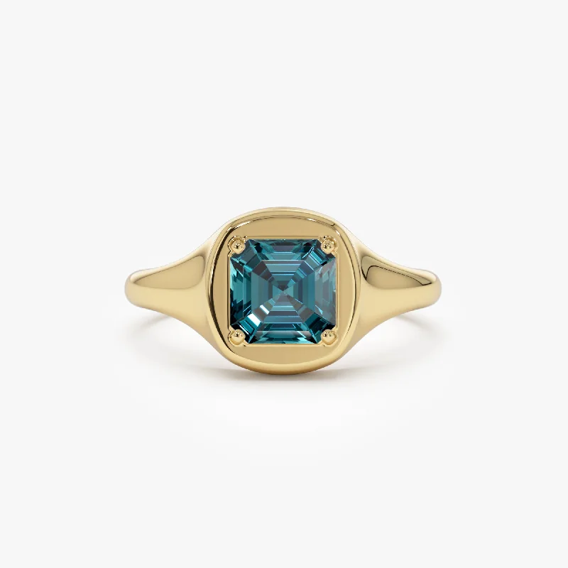 Women's vintage style rings for antique lovers-14K Asscher Cut London Blue Topaz Signet Ring