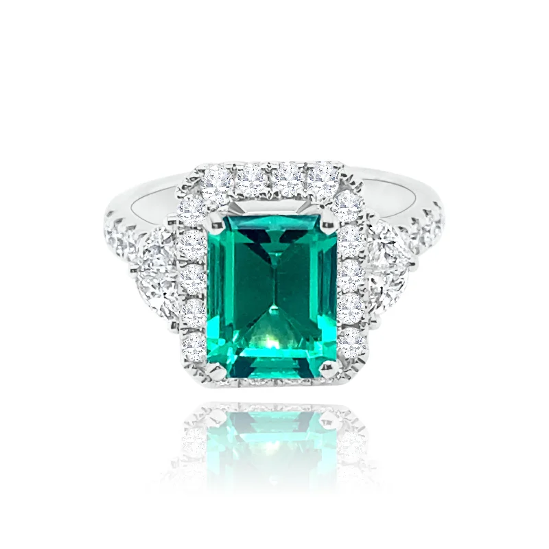 Classic women's engagement rings-halo set Emerald & Diamonds "Reigna" Ring