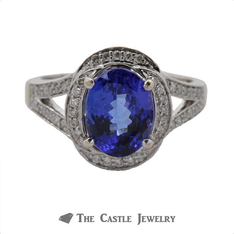 Women's birthstone rings for personalized gifts-Oval Tanzanite Ring with Layered Diamond Bezel