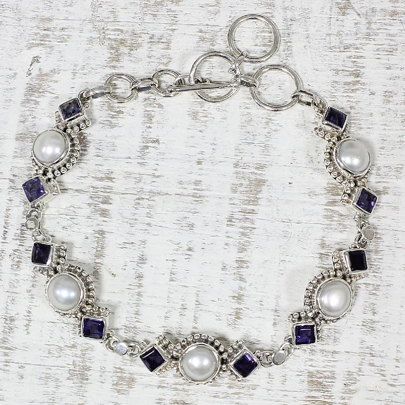 bracelets and bangles thin chain -Blue Palace Iolite and Cultured Pearl Link Bracelet from India