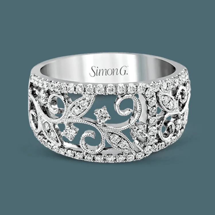 Women's rings with pear-shaped diamonds-Lovely and intricate, this 18k white gold ring has a vintage-inspired design set with .52 ctw of round brilliant white diamonds.