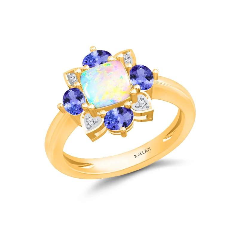 Women's stacking rings for layered look-Kallati Tanzanite Opal Diamond Ring