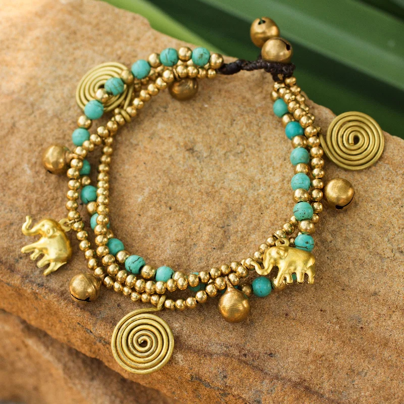 bracelets and bangles custom made -Blue Siam Elephants Hand Crafted Brass Charm Bracelet from Thailand