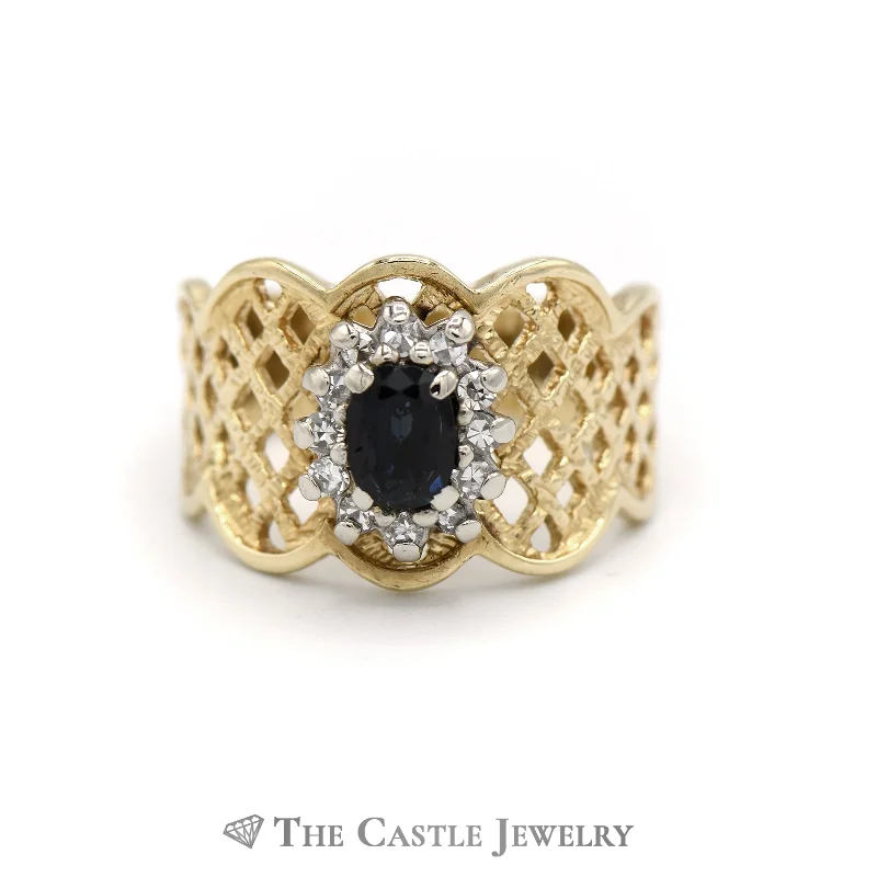 Elegant and delicate women's rings-Diamond and Synthetic Sapphire Ring with Lattice Designed Sides