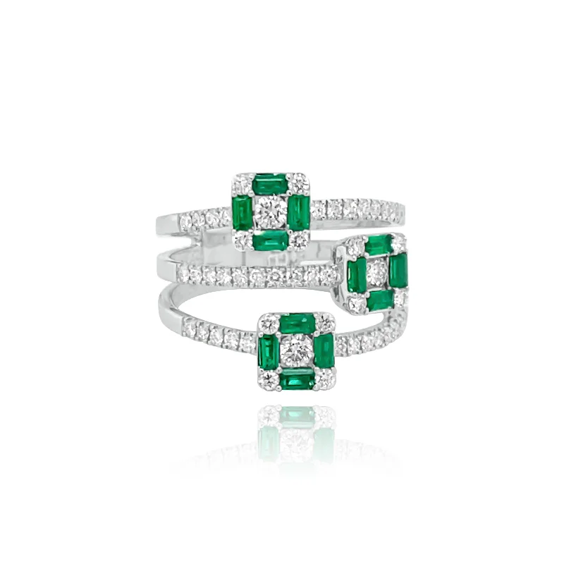 Women's wedding bands with elegant detailing-THREE ROW DIAMONDS & EMERALDS  "LITTLE CUBE" RING.