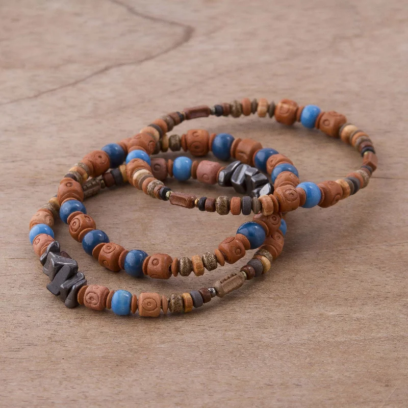 bracelets and bangles wide cuff -Andean Eyes Three Hematite and Ceramic Beaded Bracelets in Earth Tones