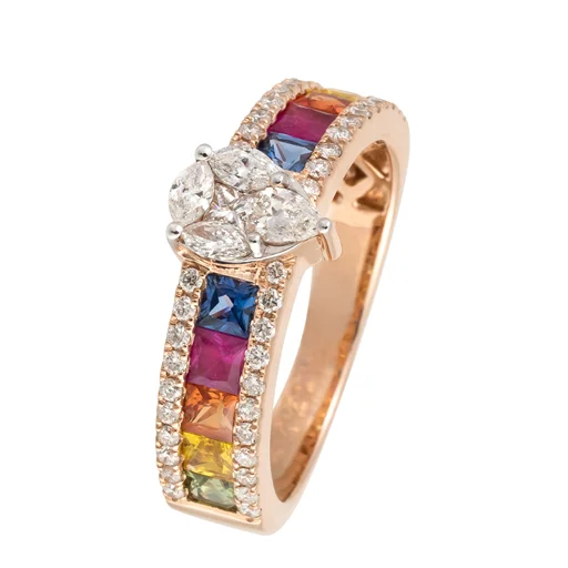 Rose gold women's rings for a romantic look-Central Pear Shape Diamond Style Invisible set Diamonds & Multi Colour Sapphire Ring