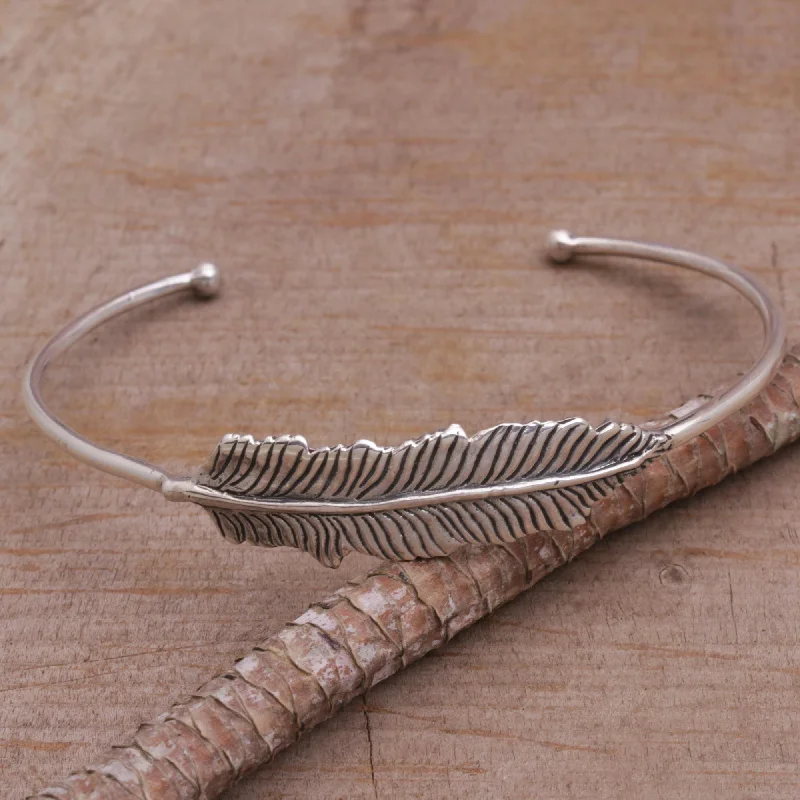 bracelets and bangles with rainbow gems -Alluring Feather 925 Sterling Silver Feather Cuff Bracelet from Bali