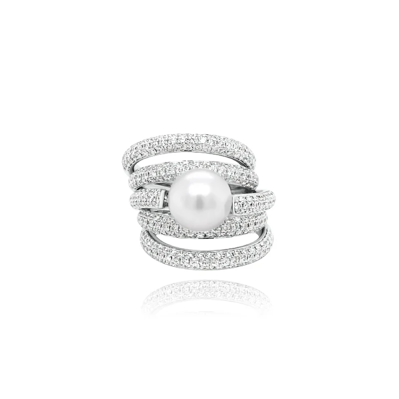 Trendy women's rings with large stones-Pave set Brilliant cut Diamonds & Pearl "Margaret" ring