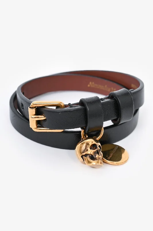 bracelets and bangles with arrow charm -Alexander McQueen Black Leather Gold Skull Double Wrap Bracelet