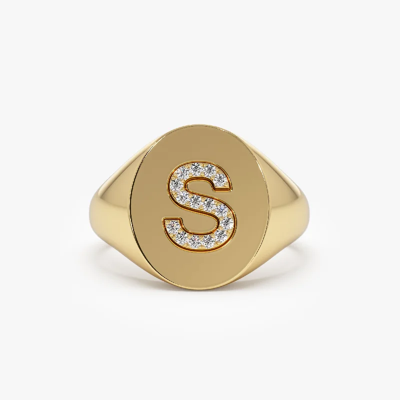 Rose gold women's rings for a romantic look-14K Diamond Letter Signet Ring