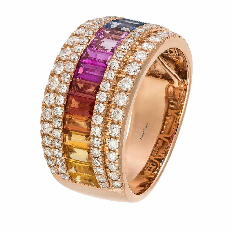 Women's rings with black diamonds-Double Diamonds side lines & Central Multi Colour Sapphires Ring